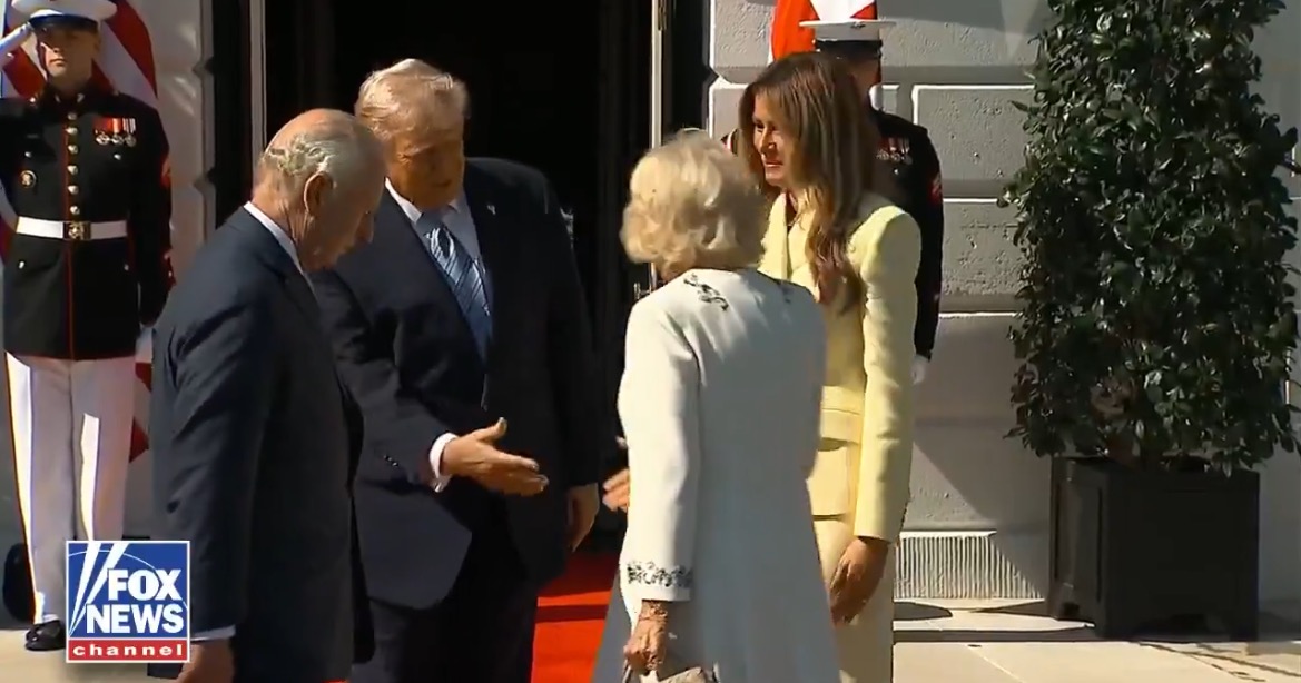 Former President Donald Trump greets King Charles III and Queen Camilla with First Lady Melania Trump at a formal event.