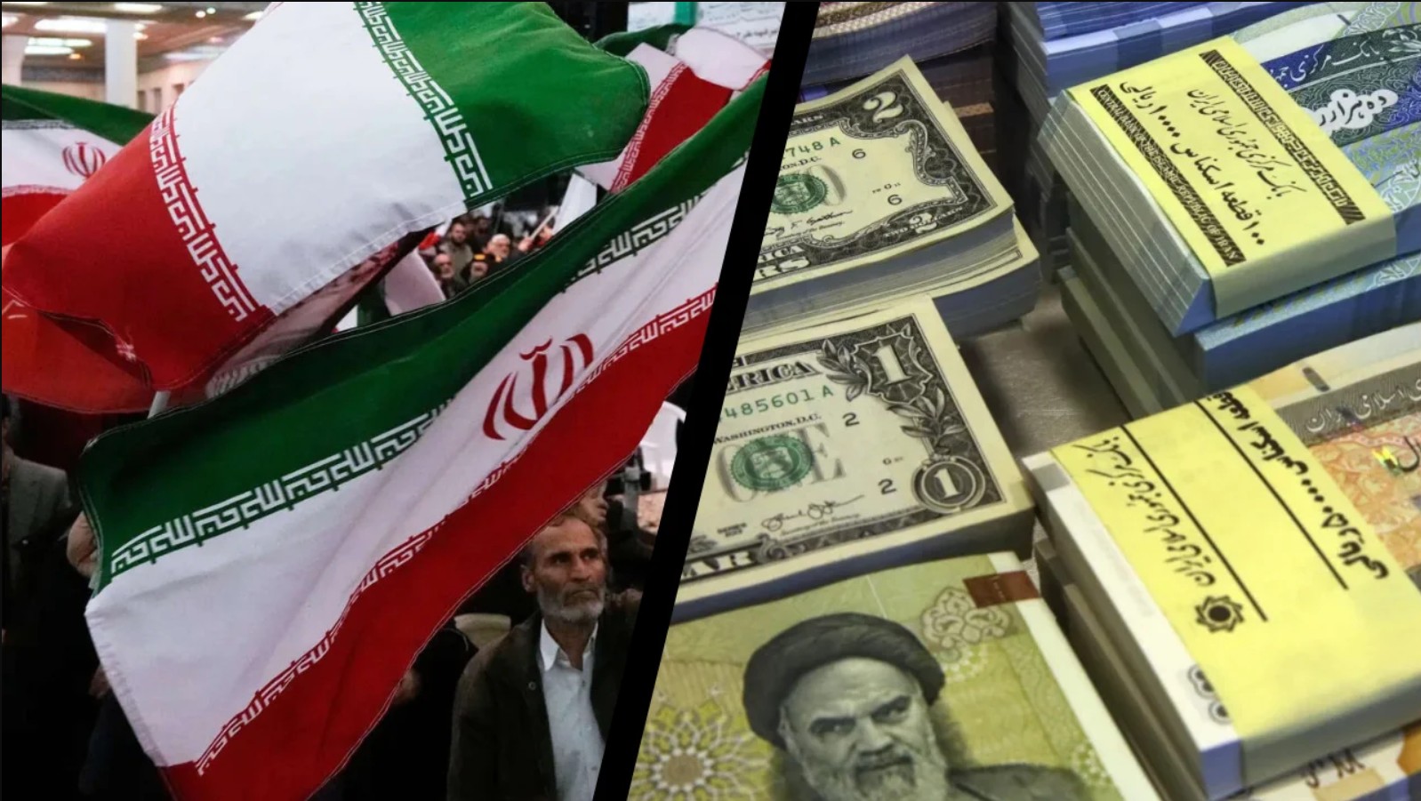 Iranian flags waving at a gathering alongside stacks of U.S. dollars and Iranian currency, highlighting economic themes and national identity.