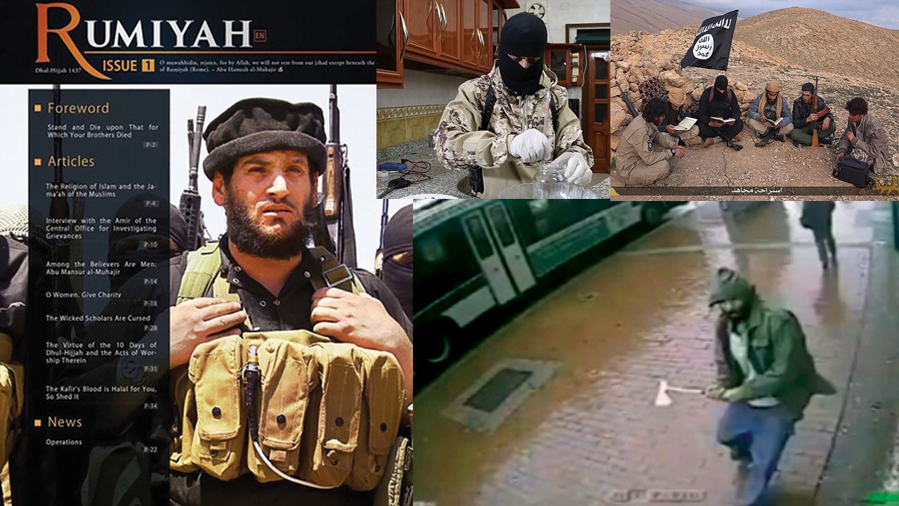 Collage of images related to extremist activities, featuring propaganda materials, armed individuals, and scenes depicting preparation and execution of violent acts.