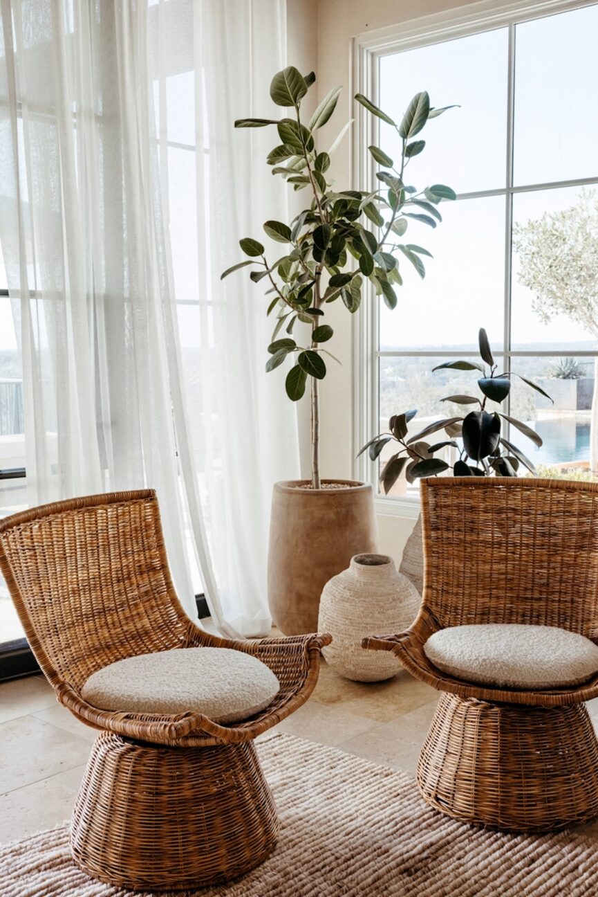 Woven chairs in living room with houseplants in the background.