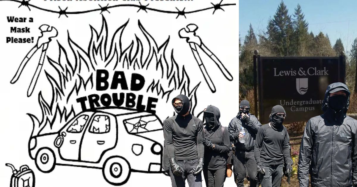 Group of individuals in black clothing standing near Lewis & Clark University sign, with a graphic featuring the words "BAD TROUBLE" and tools in flames.