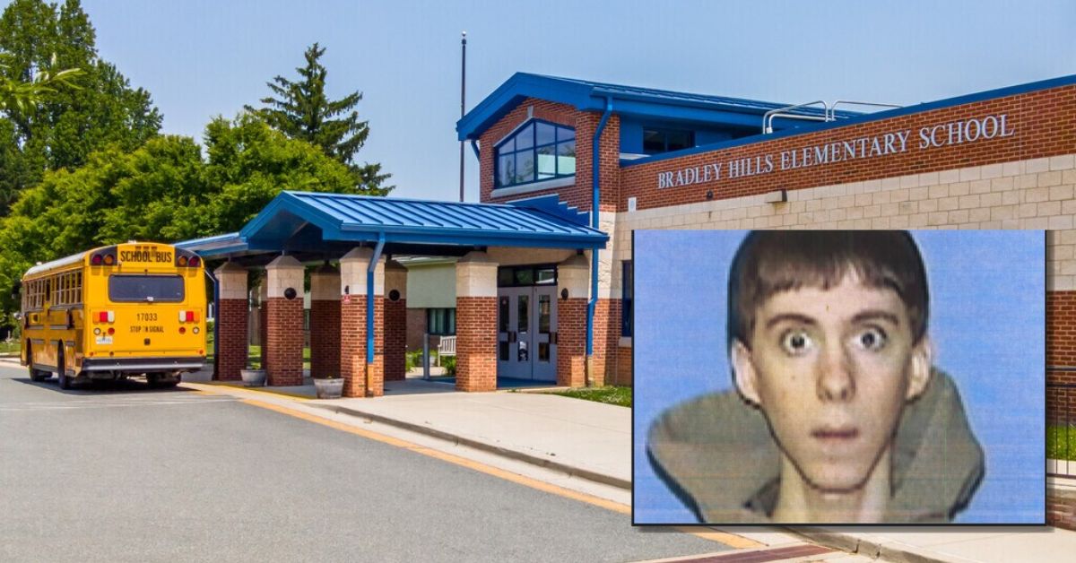 Exterior view of Bradley Hills Elementary School with a school bus in front and an inset image of a young man, highlighting a significant event related to the school.