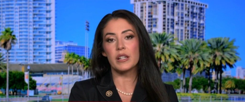 Woman in a black blazer speaks during an interview, with a city skyline and palm trees in the background.
