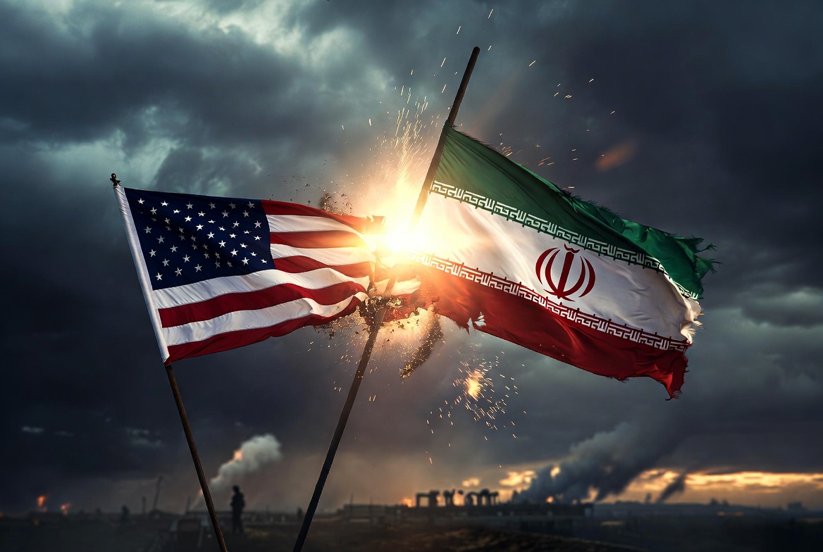 Flags of the United States and Iran clash against a dramatic stormy backdrop, symbolizing geopolitical tensions and conflicts.