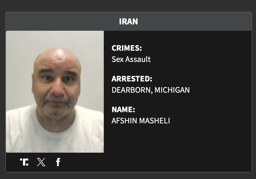 Mugshot of Afshin Masheli, arrested for sex assault in Dearborn, Michigan, showcasing crime details and location.