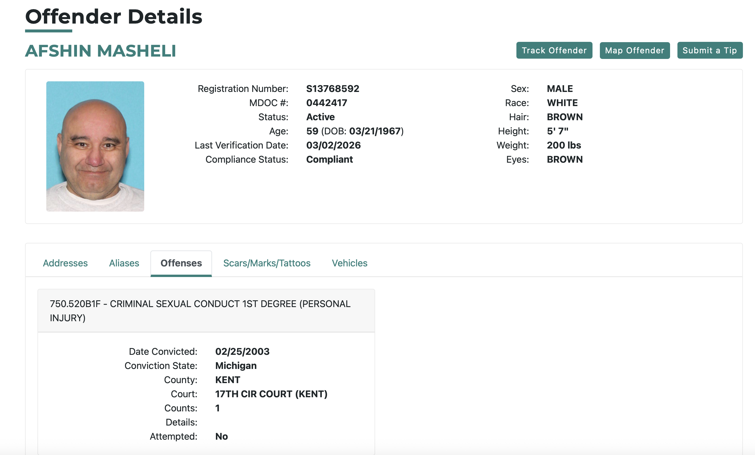 Offender details for Afshin Masheli, including personal information and criminal conviction for first-degree criminal sexual conduct in Michigan.