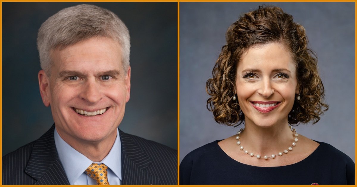 Portraits of two professional individuals smiling, showcasing their formal attire and confident expressions against neutral backgrounds.