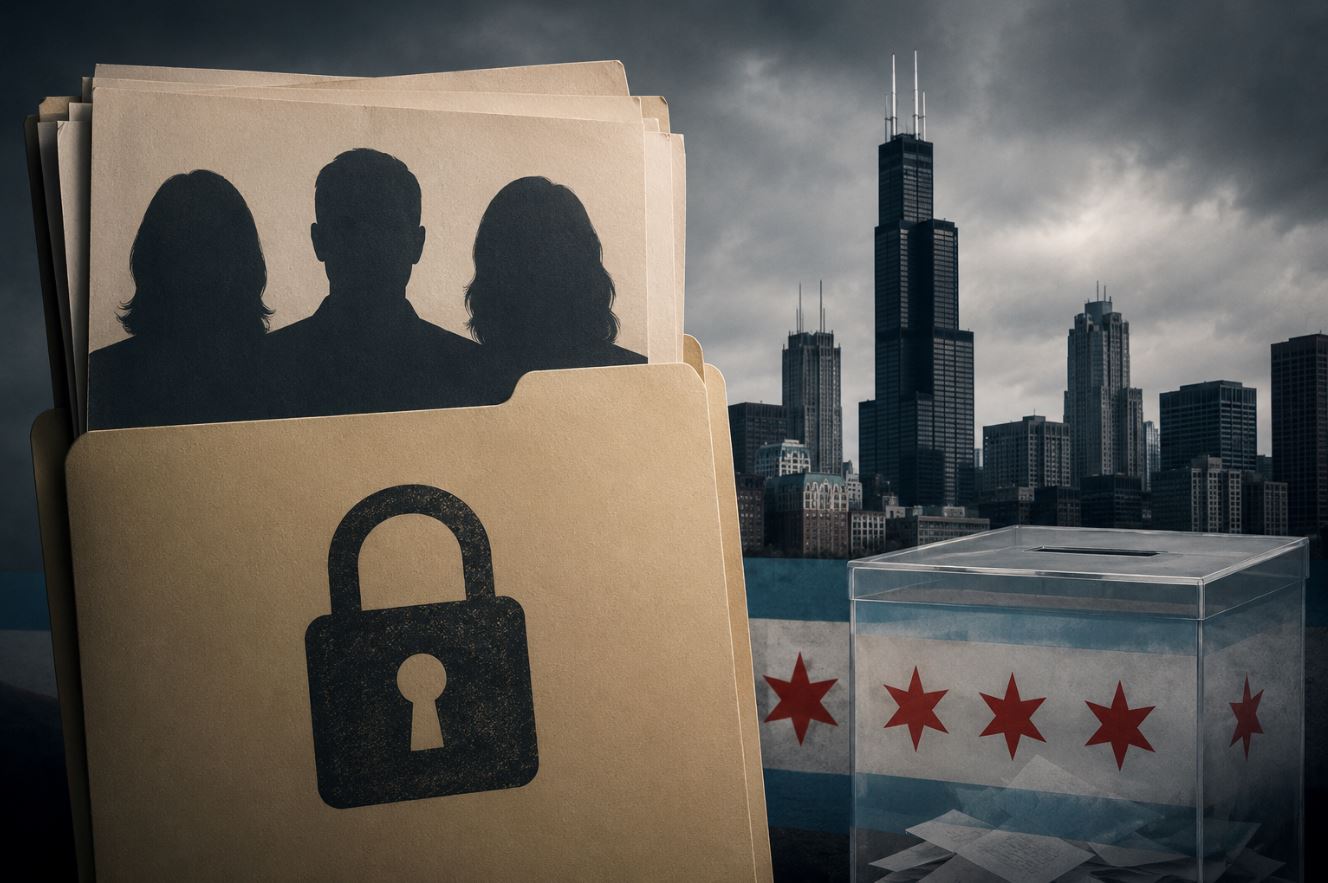 Document folder with silhouettes and a padlock symbol against a Chicago skyline, representing privacy and security in voter registration and personal data.