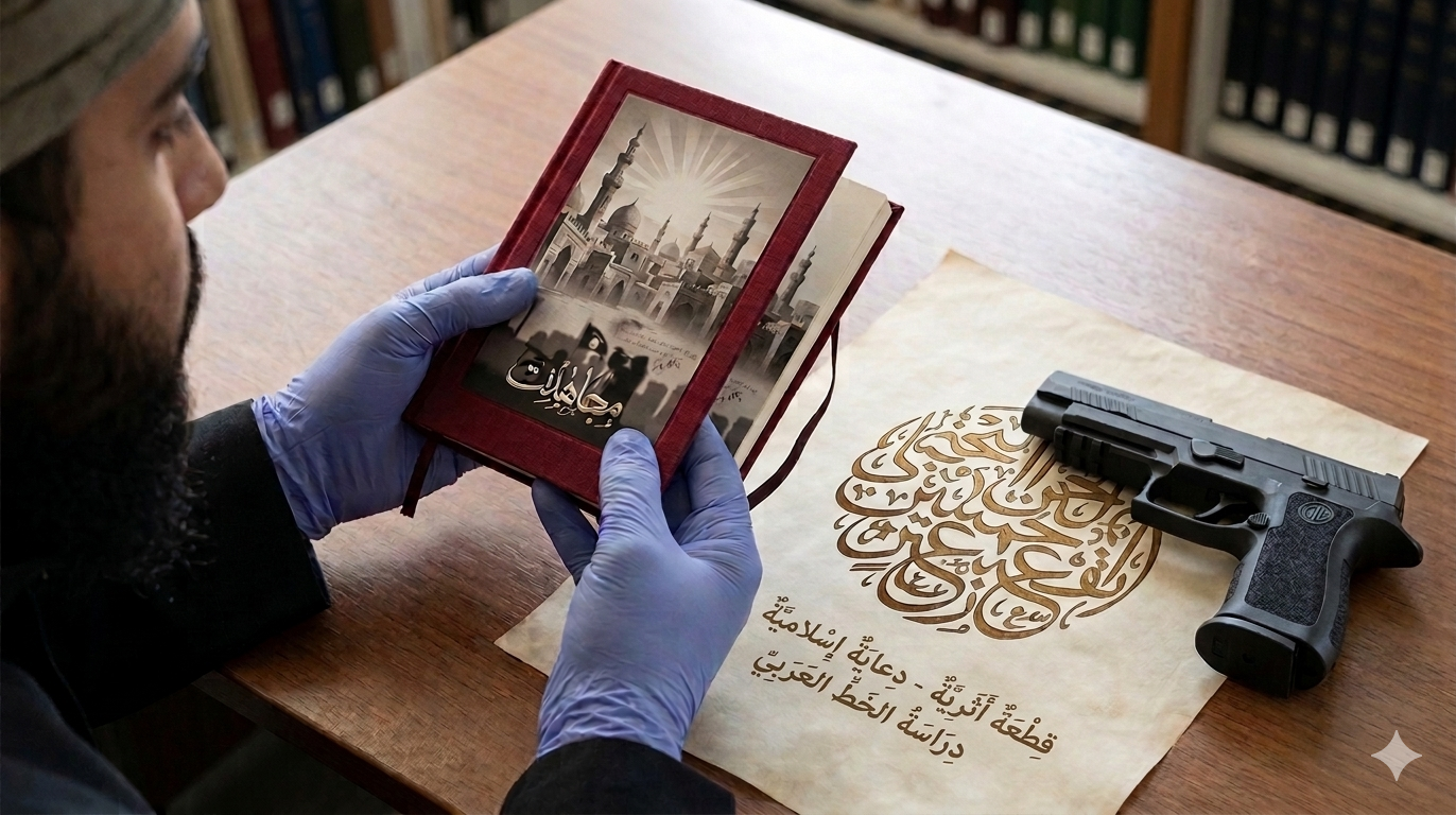 A person in gloves examines a book featuring Islamic architecture alongside a firearm and an ornate Arabic script on parchment.