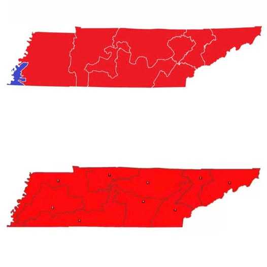 Map of Tennessee highlighting various regions in red, with a small blue area on the left, illustrating political or demographic divisions within the state.