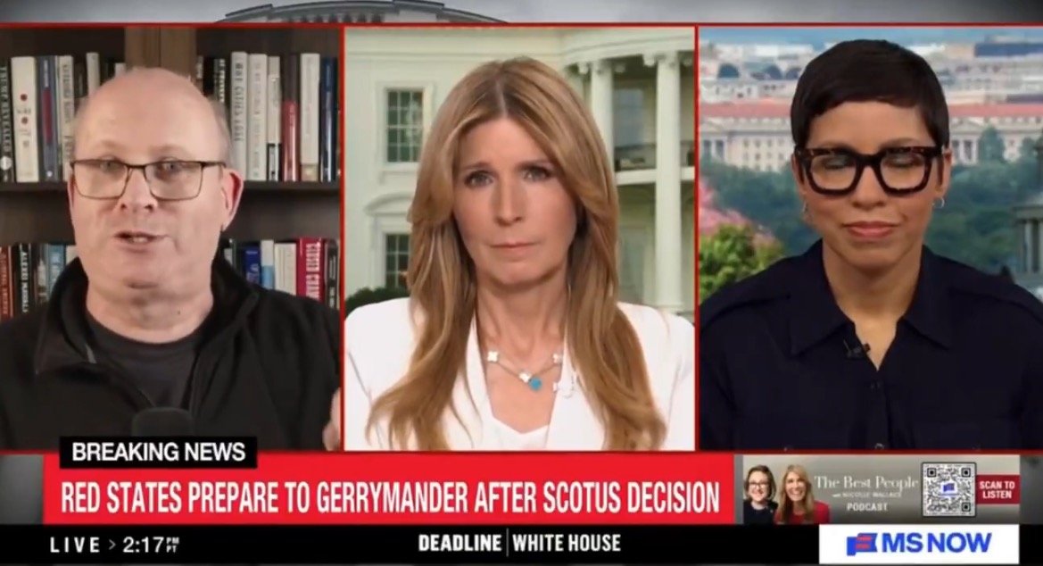 Discussion on gerrymandering in red states following a Supreme Court decision, featuring three commentators on a news segment.