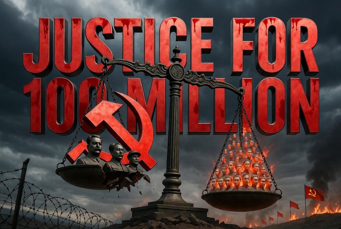 Artwork depicting scales of justice symbolizing the quest for accountability for the deaths of 100 million people under communist regimes, featuring iconic communist imagery.
