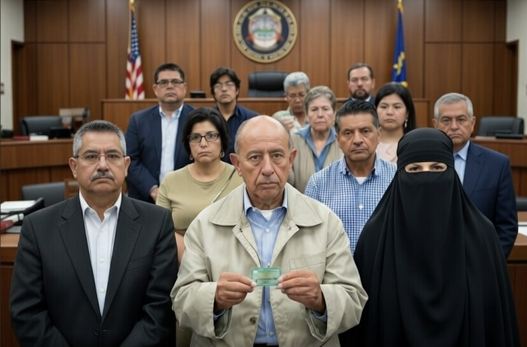 A diverse group of individuals stands in a courtroom, with one person holding a green card, highlighting community engagement in legal matters.