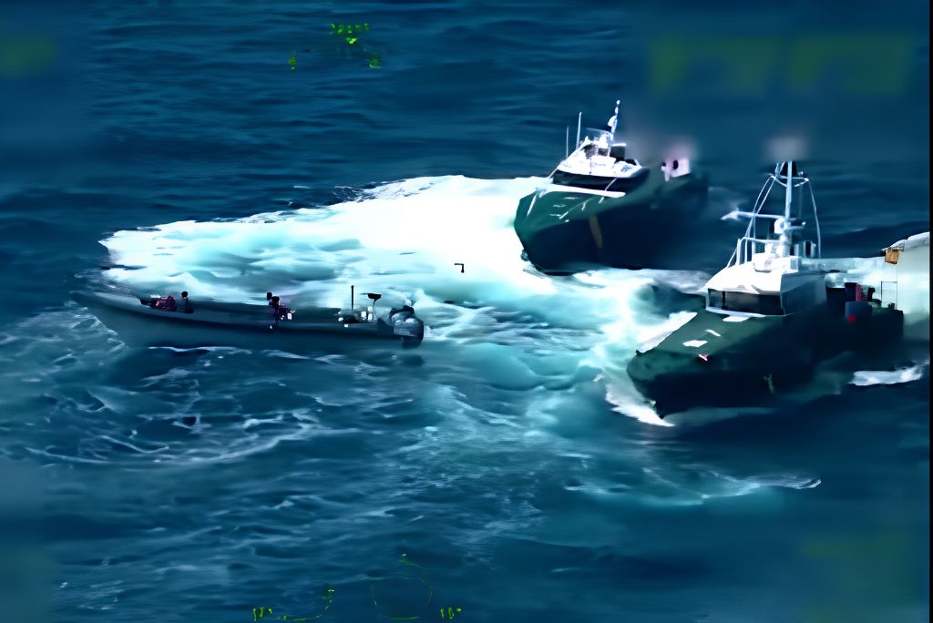 Two military boats maneuvering in ocean waters, creating a wake, with personnel visible on board.