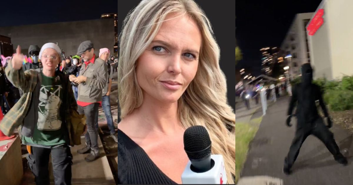 Three scenes depicting a lively protest with a diverse crowd, a female reporter interviewing, and a figure in black moving through the streets at night.