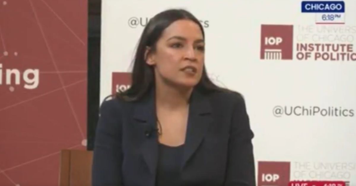 Alexandria Ocasio-Cortez speaking at the University of Chicago's Institute of Politics event, discussing political issues and engaging with the audience.