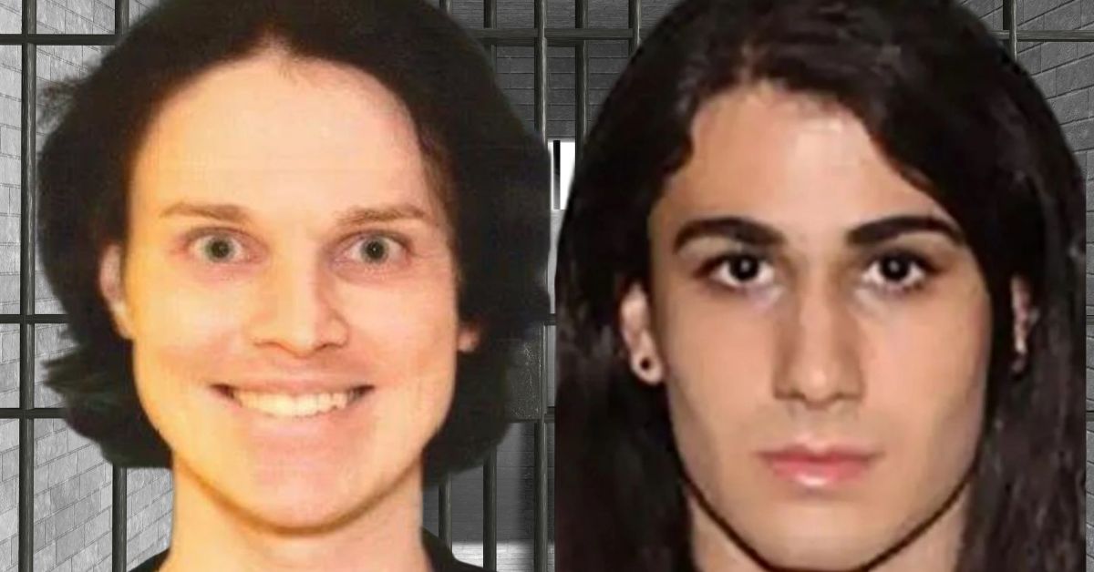 Two individuals with contrasting expressions, set against a backdrop resembling prison bars, highlighting themes of identity and transformation.