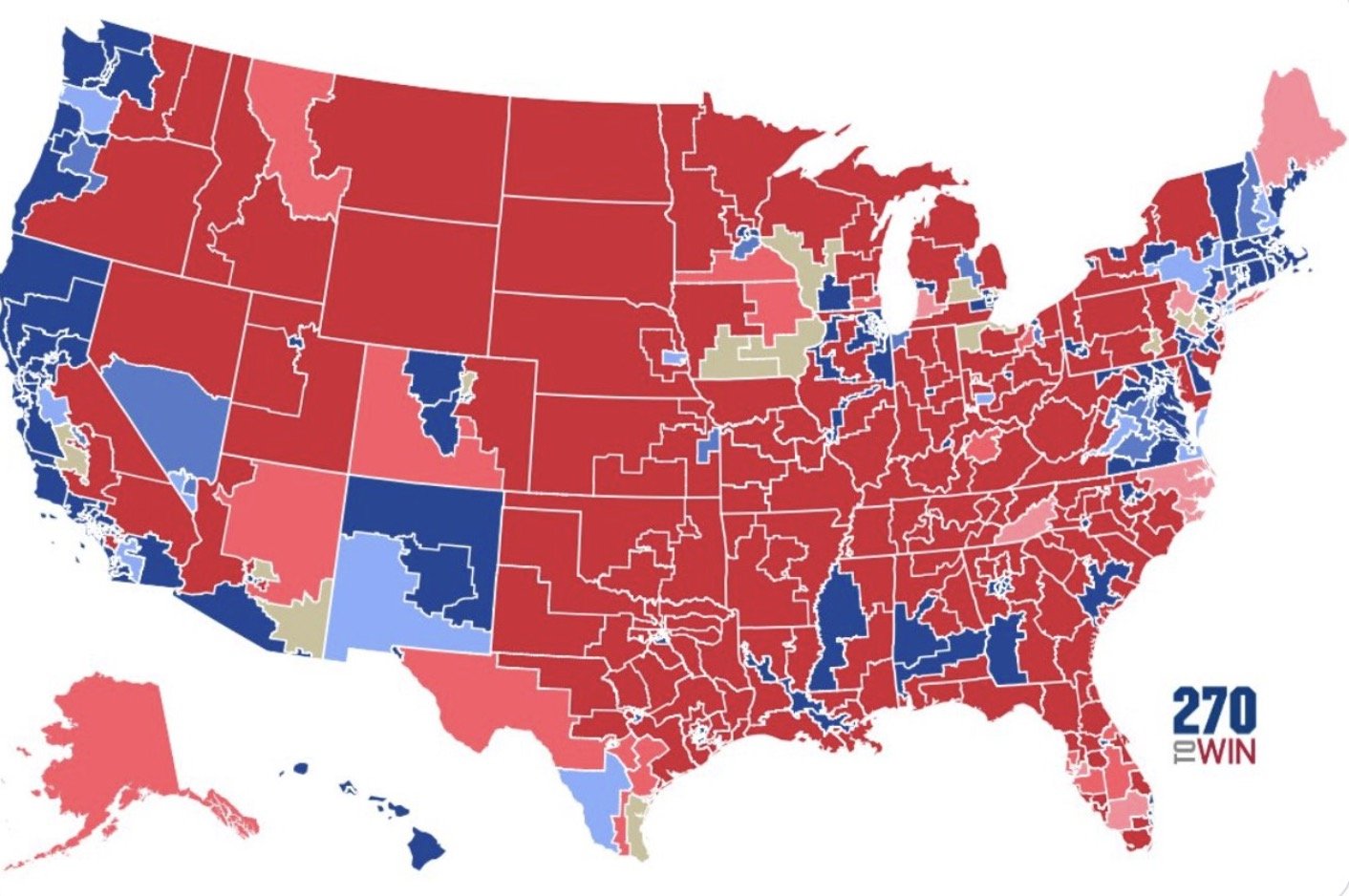 U.S. electoral map showing states colored by party affiliation, with red representing Republican, blue for Democratic, and light colors indicating competitive districts.