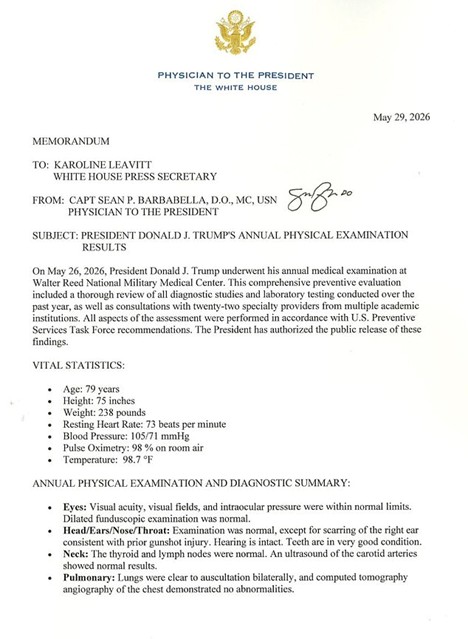 Memorandum detailing President Trump's annual physical examination results, including vital statistics and diagnostic summary, dated May 29, 2026, from the White House.