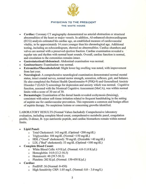 Medical report detailing the health assessment of the President, including cardiac, neurological, gastrointestinal, and laboratory results, with all findings within normal limits.