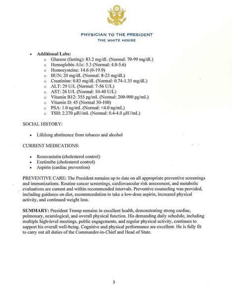 Medical report for the President detailing lab results, medications, social history, preventive care, and overall health assessment.