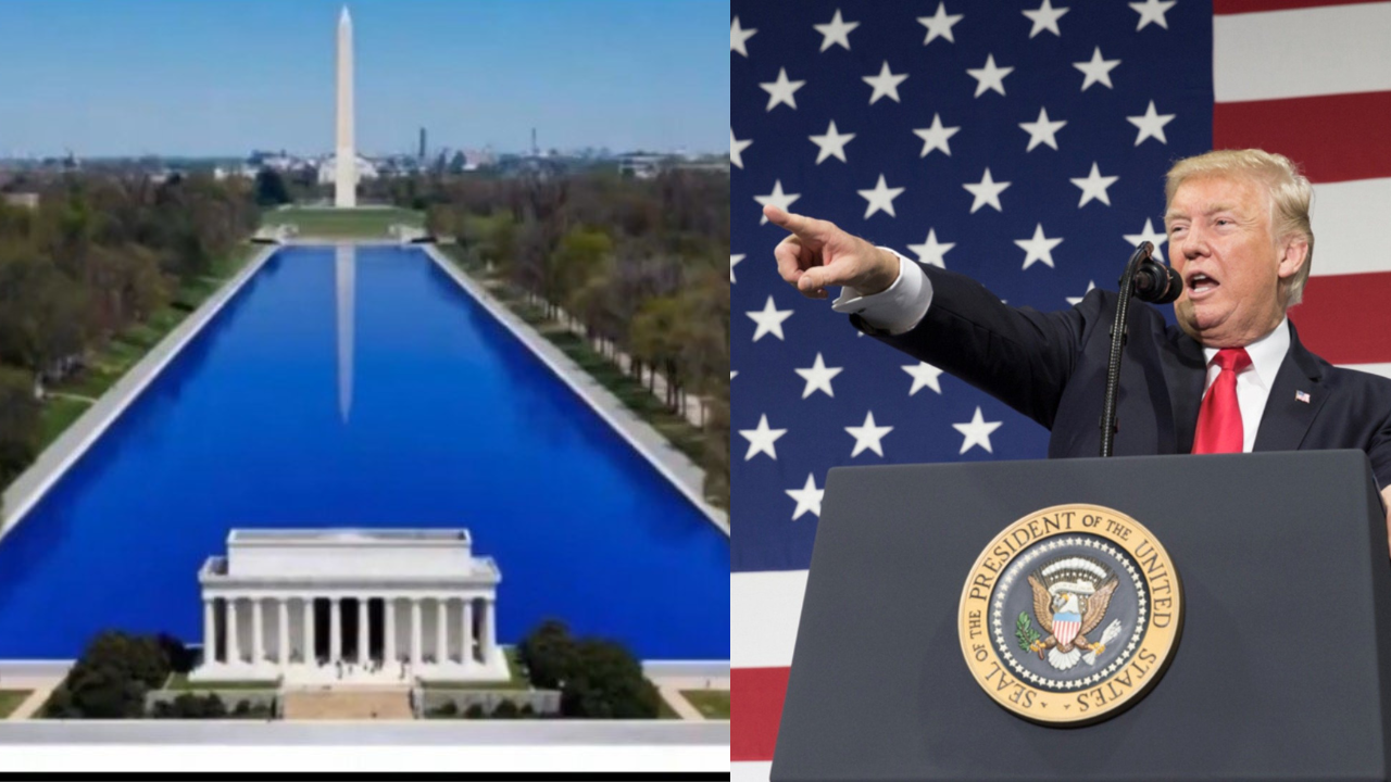 Image of the Lincoln Memorial reflecting in the reflecting pool with the Washington Monument in the background, alongside a speaking figure at a podium with the presidential seal.