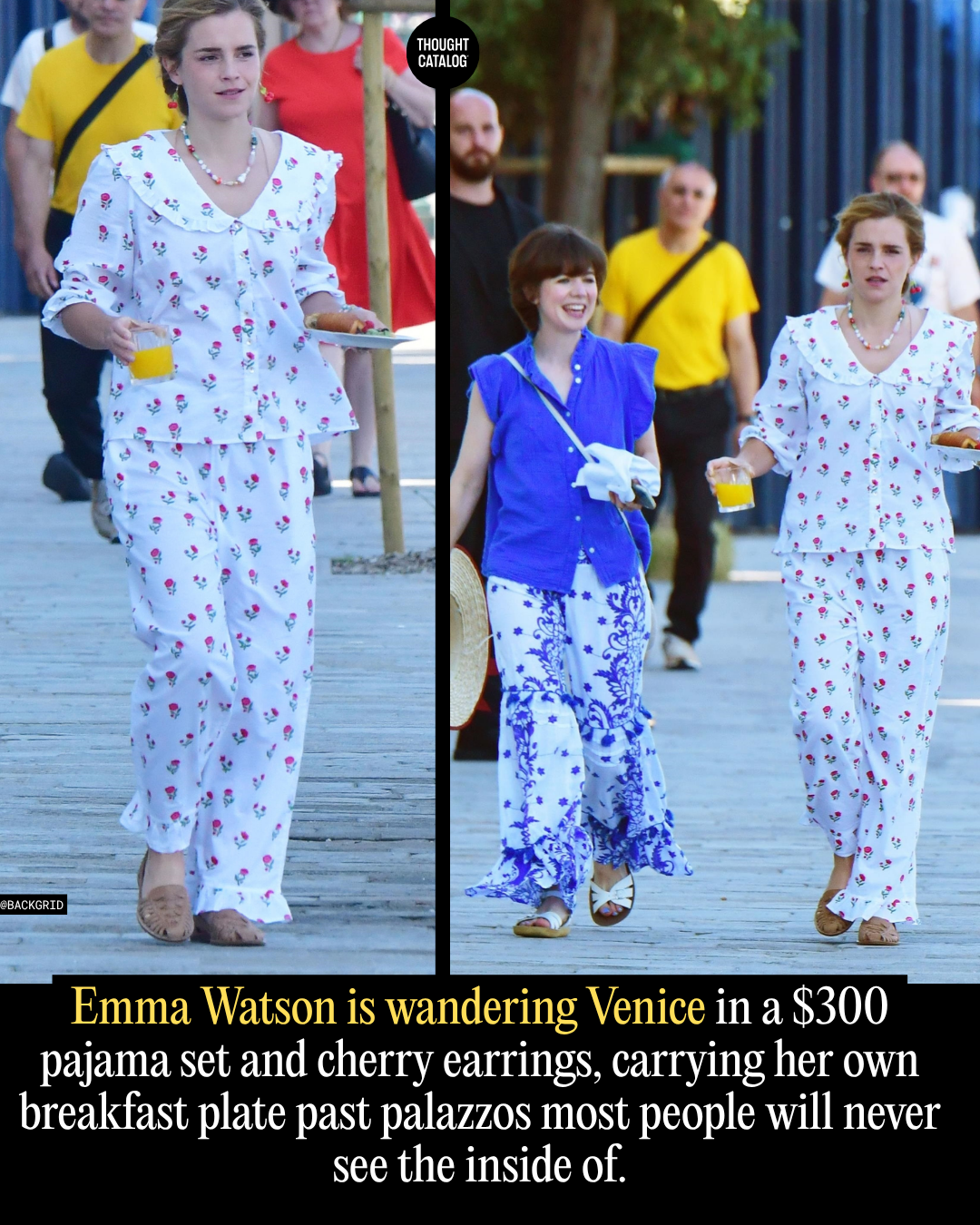 Emma Watson Is Wandering Venice in a 0 Pajama Set and Cherry Earrings, Carrying Her Own Breakfast Plate Past Palazzos Most People Will Never See the Inside Of