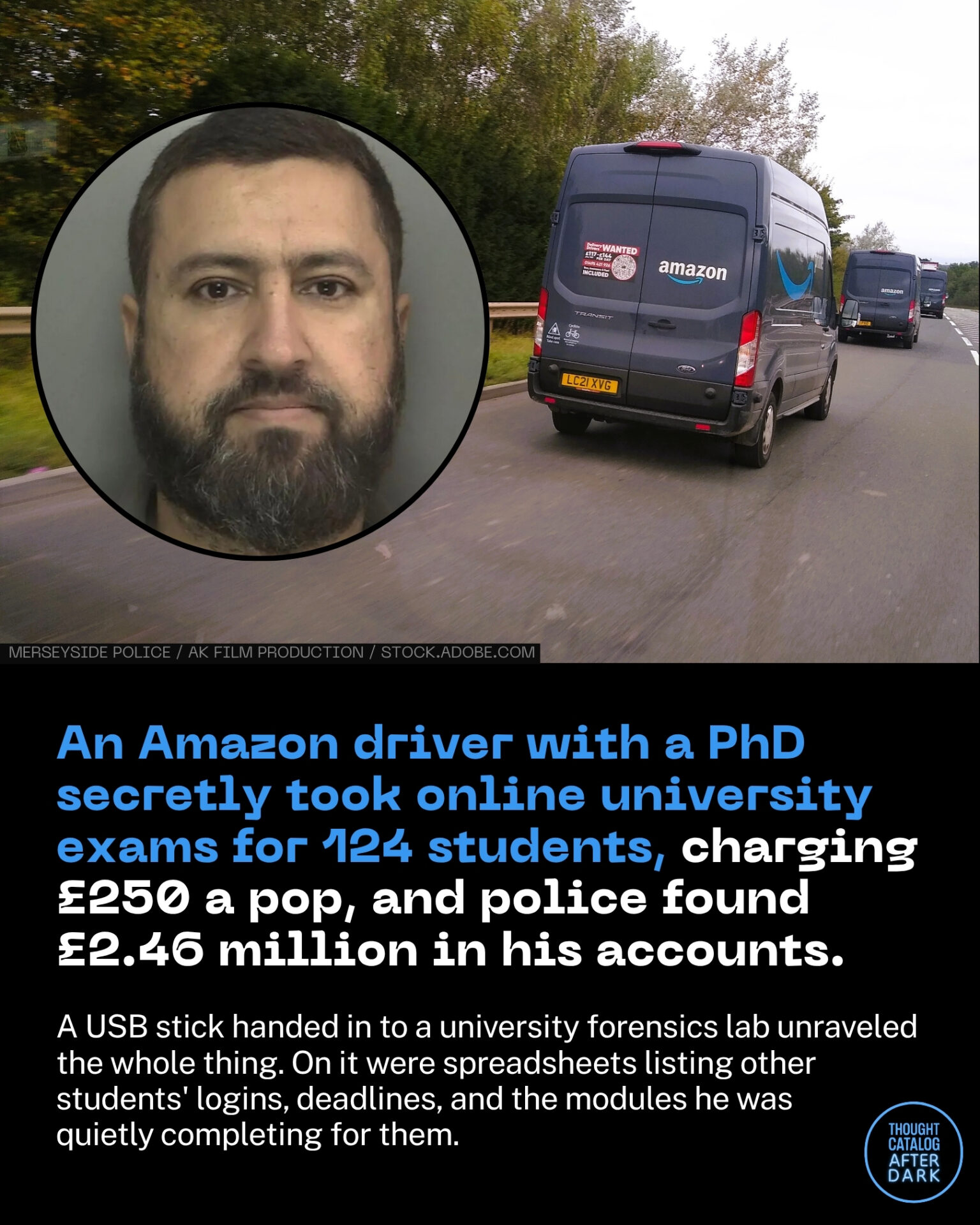 An Amazon Driver with a Phd Secretly Sat Online University Exams for 124 Students, Charging £250 a Pop, and Police Found £2.46 Million in His Accounts