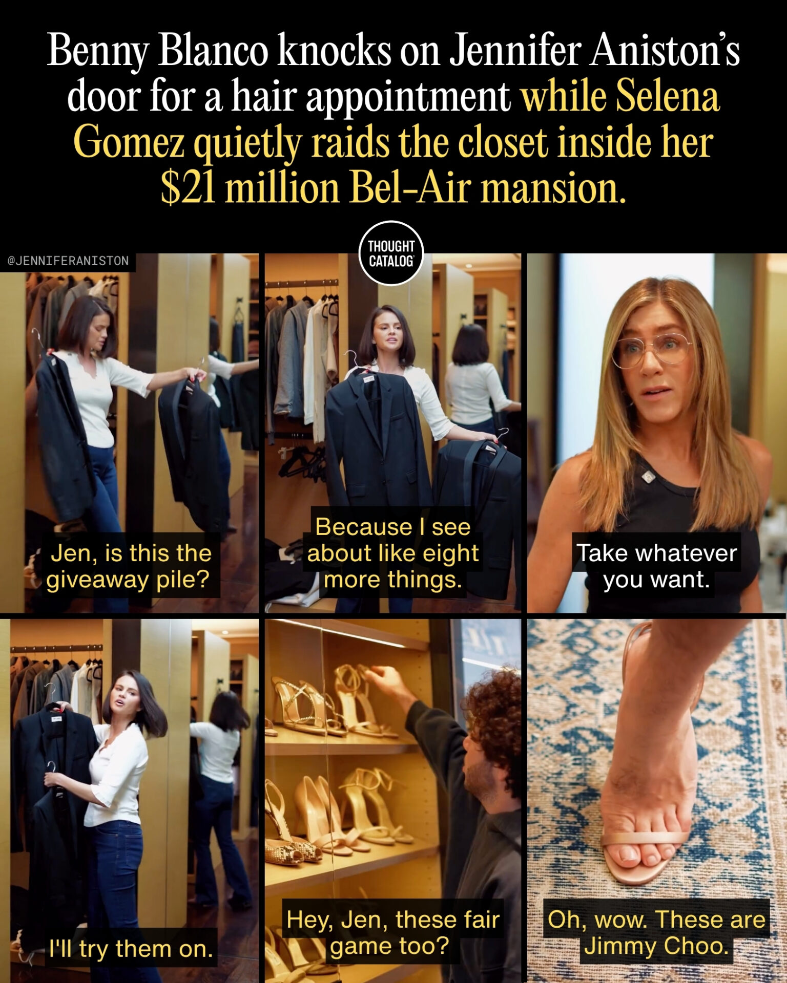 Benny Blanco Knocks on Jennifer Aniston’s Door for a Hair Appointment While Selena Gomez Quietly Raids the Closet Inside Her  Million Bel-Air Mansion