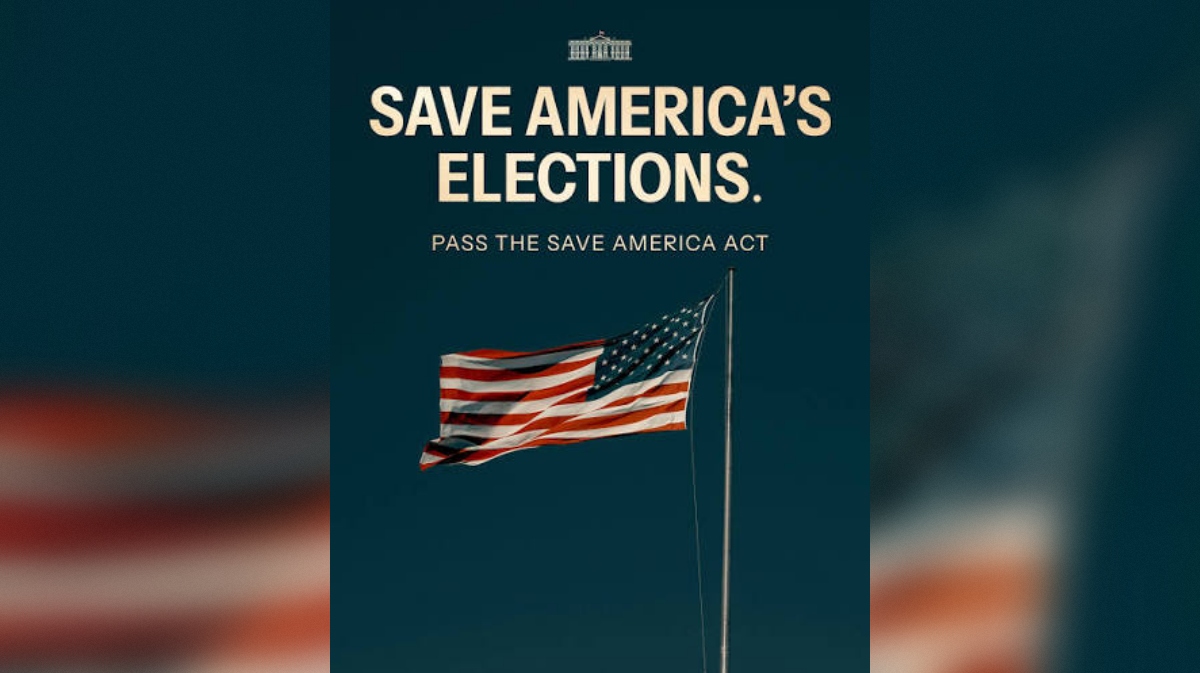 American flag waving with a call to action to pass the Save America Act for election integrity.