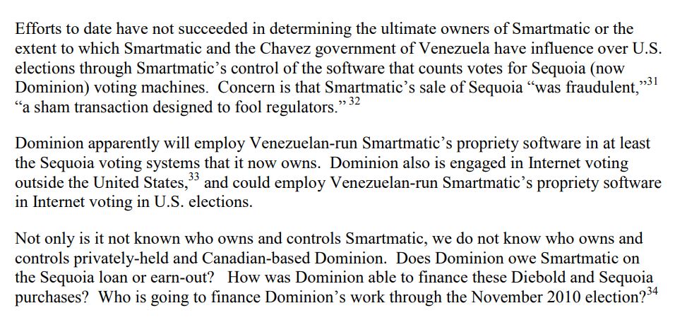 Text discussing ownership and control issues surrounding Smartmatic and Dominion voting systems, including potential influence in U.S. elections and concerns about fraudulent transactions.