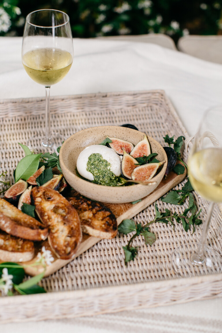 burrata, fig, and pesto appetizer