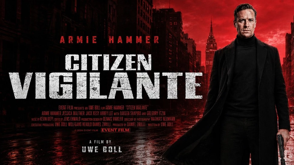 Promotional poster for the film Citizen Vigilante featuring Armie Hammer in a dark urban setting with a red background.
