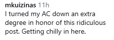 Text from a social media post humorously discussing adjusting air conditioning settings in response to a perceived ridiculousness.