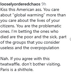 Text post criticizing attitudes towards global warming and social issues in Paris, emphasizing concerns about citizens' lives and public perception.