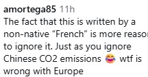 Text from a social media post discussing perceptions of non-native French speakers and environmental issues in Europe.