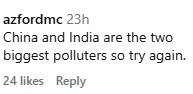Comment discussing pollution contributions of China and India, highlighting them as major polluters in the global context.