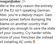 Text post expressing criticism towards a deputy mayor's comments about blame and responsibility in a political context, emphasizing the importance of local leadership and action.