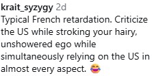 Image of a social media comment discussing perceived cultural differences and criticisms between France and the United States, highlighting irony and humor.