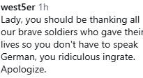 Text from a social media post expressing strong opinions about gratitude towards soldiers and language.
