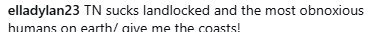 Text post expressing frustration about Tennessee being landlocked and a desire for coastal living.