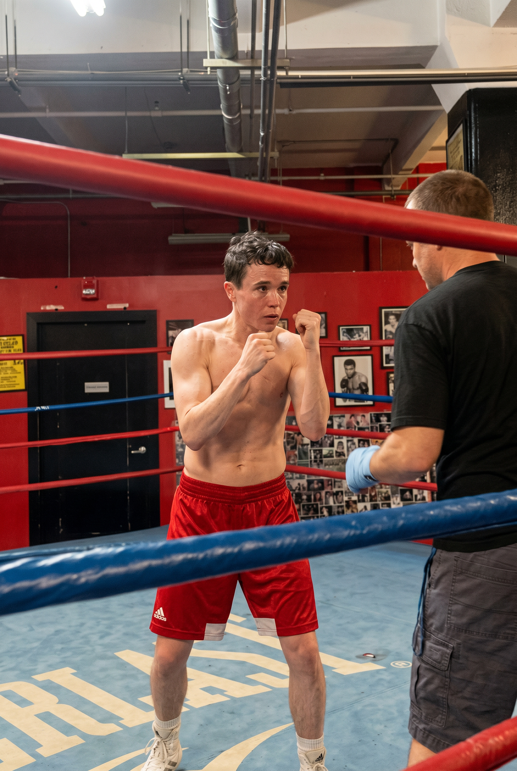 Shirtless young man in red Adidas shorts in a boxing stance with fists raised inside a ring, with a trainer in a black shirt visible at right.