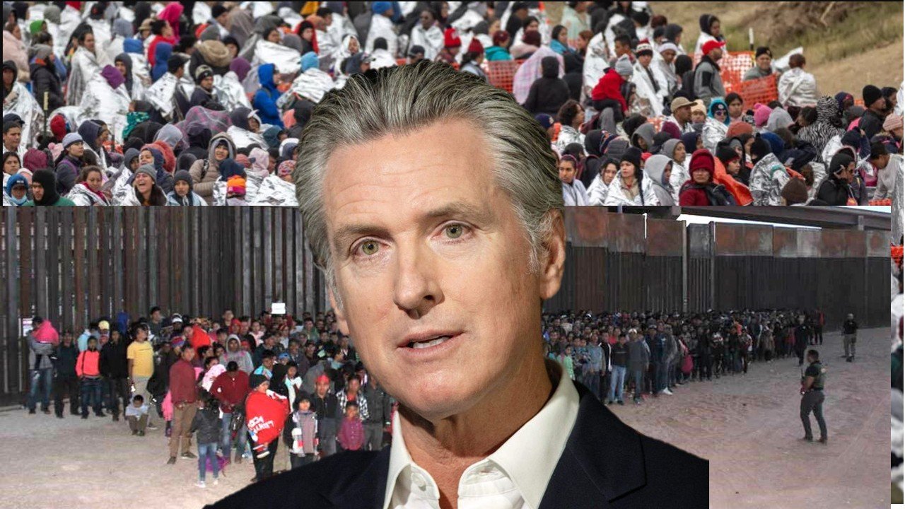 California Governor Gavin Newsom discusses immigration issues alongside images of migrants waiting at the U.S.-Mexico border, highlighting the ongoing humanitarian crisis.