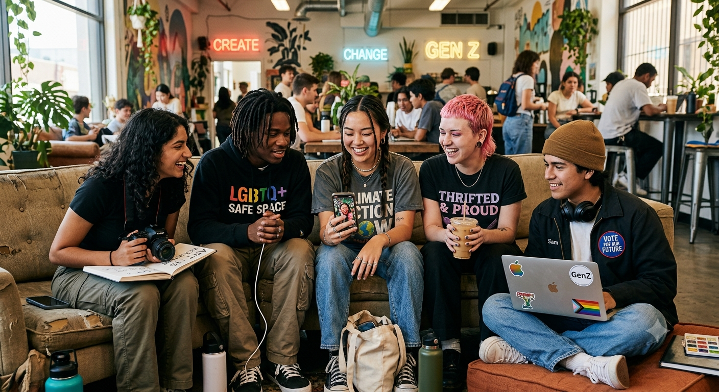 A diverse group of young adults engages in conversation and laughter in a vibrant workspace, showcasing creativity and community among Gen Z.