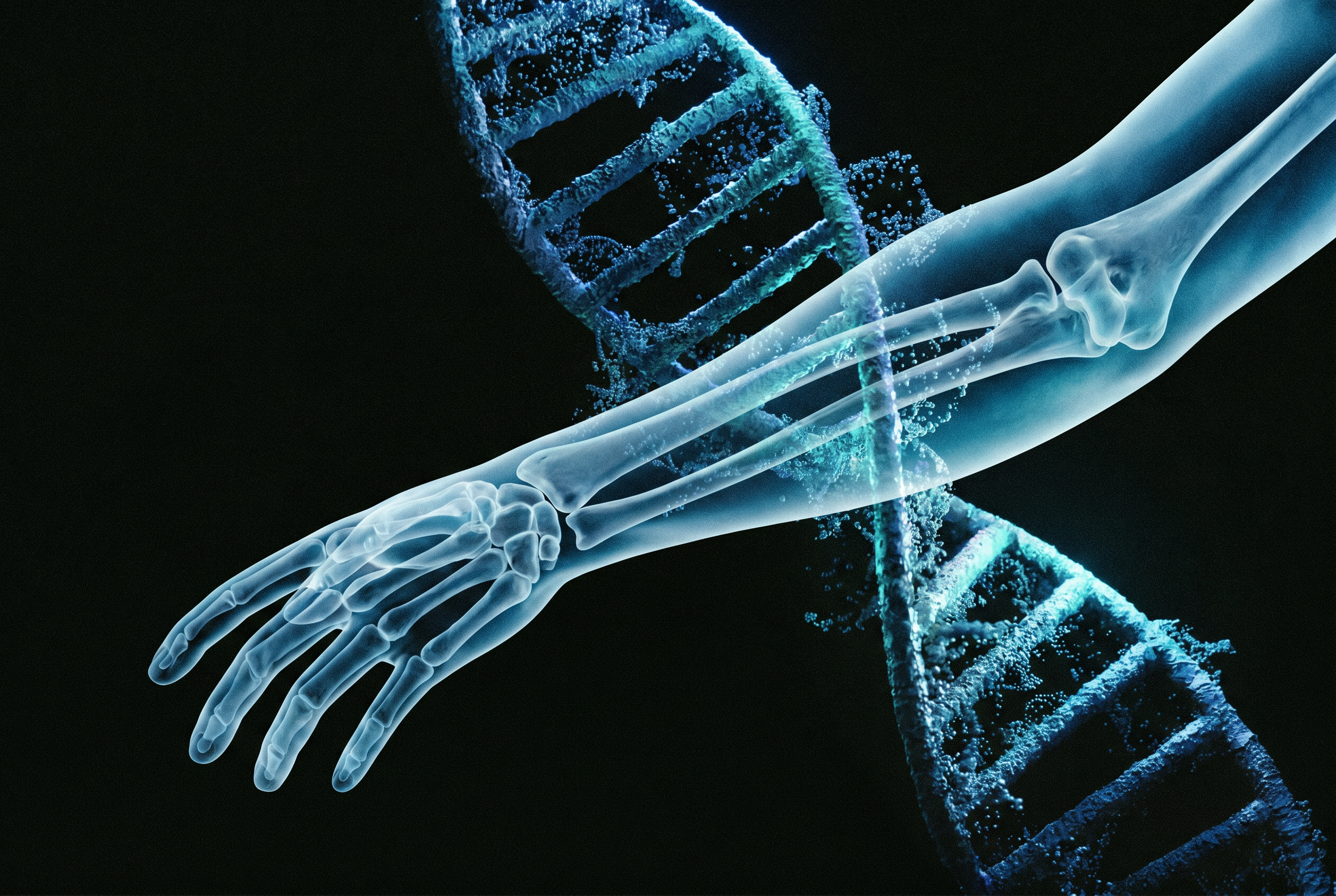 X-ray illustration of a human arm and hand with visible bones overlaid on a glowing blue DNA double helix against a black background.