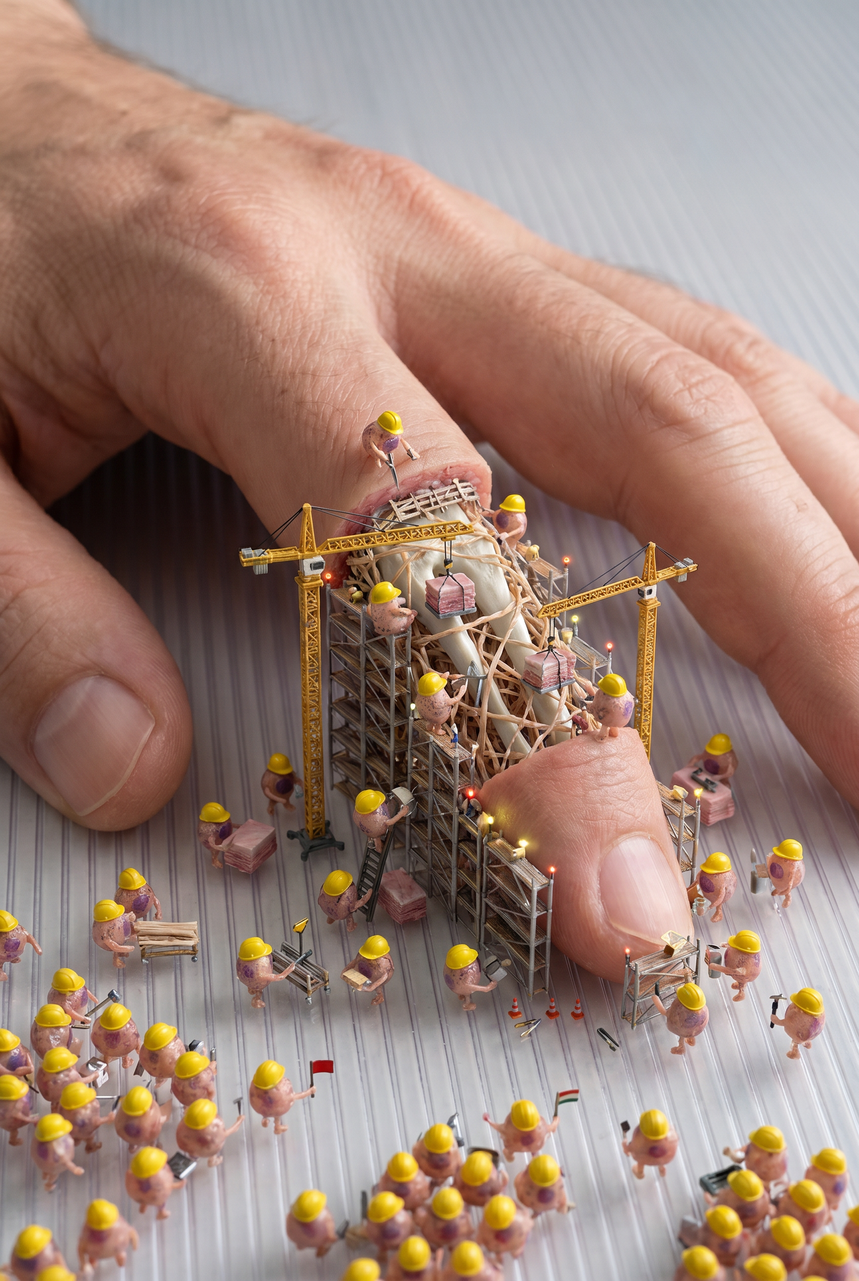 Macro photo of a human hand with miniature construction worker figurines in yellow helmets using scaffolding and cranes to rebuild the tip of a finger.