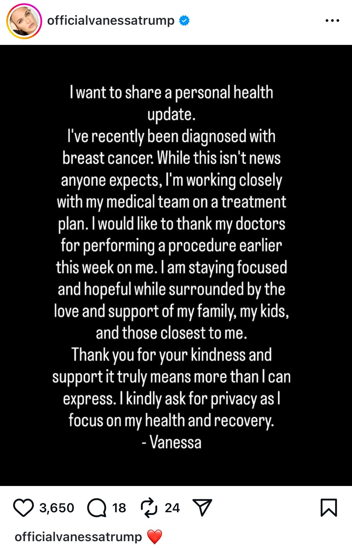 Vanessa Trump shares a personal health update about her breast cancer diagnosis and expresses gratitude for support from her medical team and loved ones.