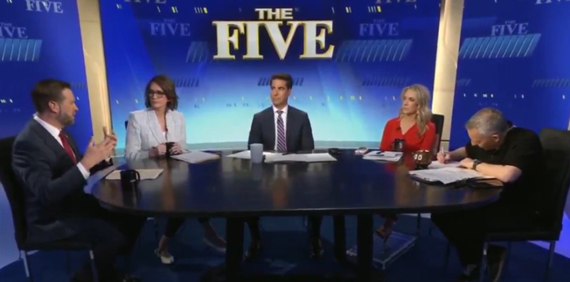 Panel discussion on "The Five," featuring five hosts engaging in conversation at a round table with notes and coffee cups.