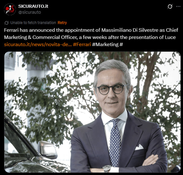 Massimiliano Di Silvestre, newly appointed Chief Marketing & Commercial Officer at Ferrari, poses confidently in front of a luxury vehicle and greenery.