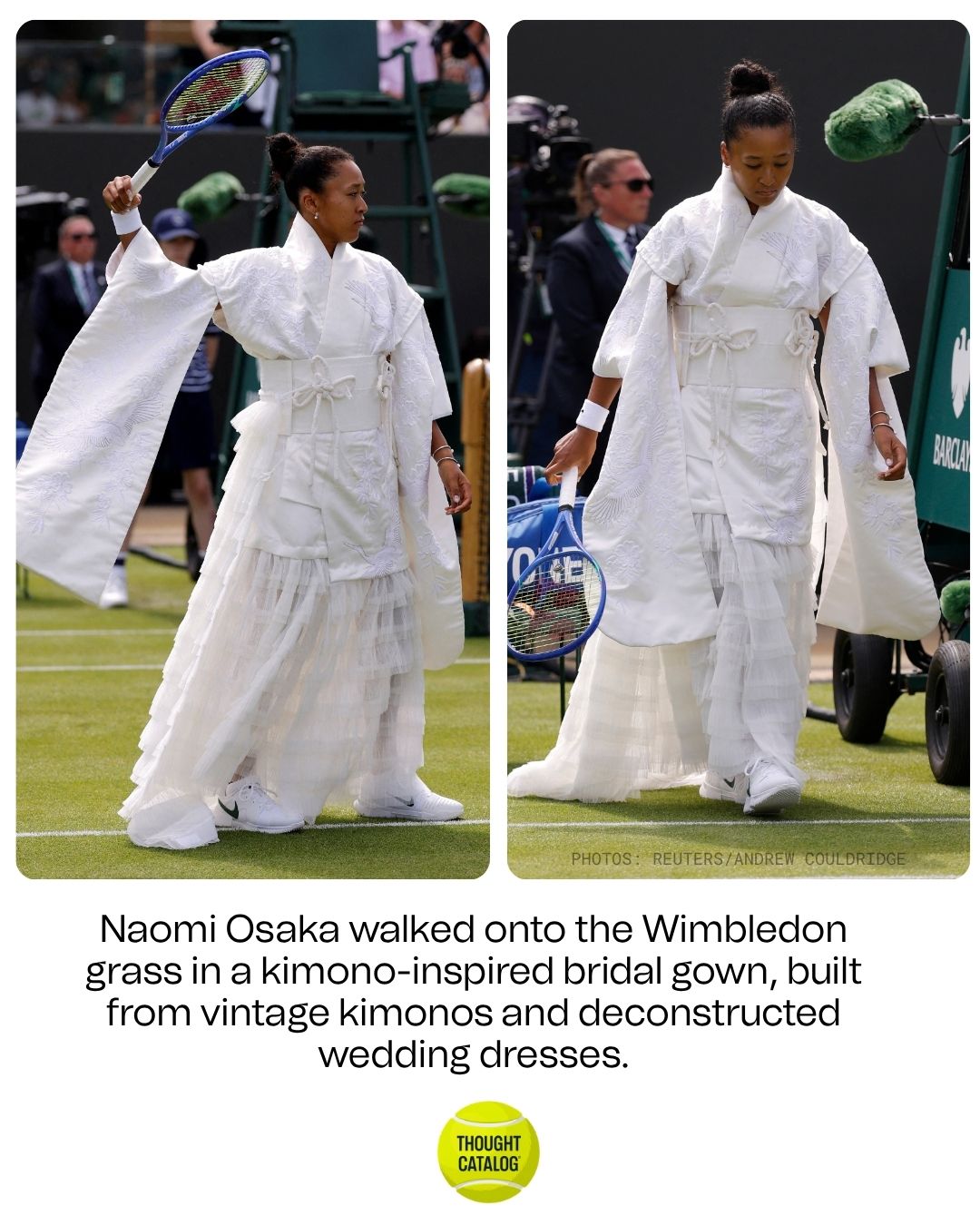 Naomi Osaka Walked onto the Wimbledon Grass in a Kimono-Inspired Bridal Gown,  Built from Vintage Kimonos and Deconstructed Wedding Dresses